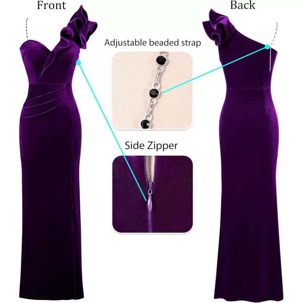 VFSHOW Womens Ruffle One Shoulder Strap Ruched Formal Prom Wedding Maxi Dress V Neck Elegant Split Cocktail Evening Long GownPurple Velvet