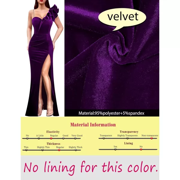 VFSHOW Womens Ruffle One Shoulder Strap Ruched Formal Prom Wedding Maxi Dress V Neck Elegant Split Cocktail Evening Long GownPurple Velvet