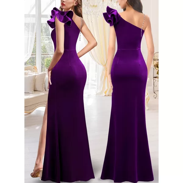 VFSHOW Womens Ruffle One Shoulder Strap Ruched Formal Prom Wedding Maxi Dress V Neck Elegant Split Cocktail Evening Long GownPurple Velvet