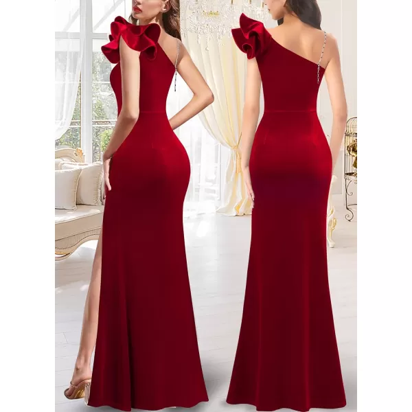 VFSHOW Womens Ruffle One Shoulder Strap Ruched Formal Prom Wedding Maxi Dress V Neck Elegant Split Cocktail Evening Long GownRed Velvet