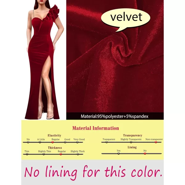 VFSHOW Womens Ruffle One Shoulder Strap Ruched Formal Prom Wedding Maxi Dress V Neck Elegant Split Cocktail Evening Long GownRed Velvet