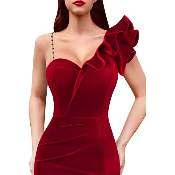 VFSHOW Womens Ruffle One Shoulder Strap Ruched Formal Prom Wedding Maxi Dress V Neck Elegant Split Cocktail Evening Long GownRed Velvet