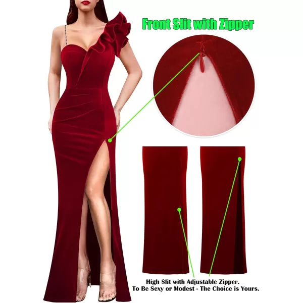 VFSHOW Womens Ruffle One Shoulder Strap Ruched Formal Prom Wedding Maxi Dress V Neck Elegant Split Cocktail Evening Long GownRed Velvet