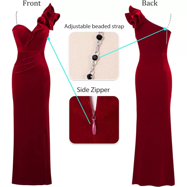 VFSHOW Womens Ruffle One Shoulder Strap Ruched Formal Prom Wedding Maxi Dress V Neck Elegant Split Cocktail Evening Long GownRed Velvet