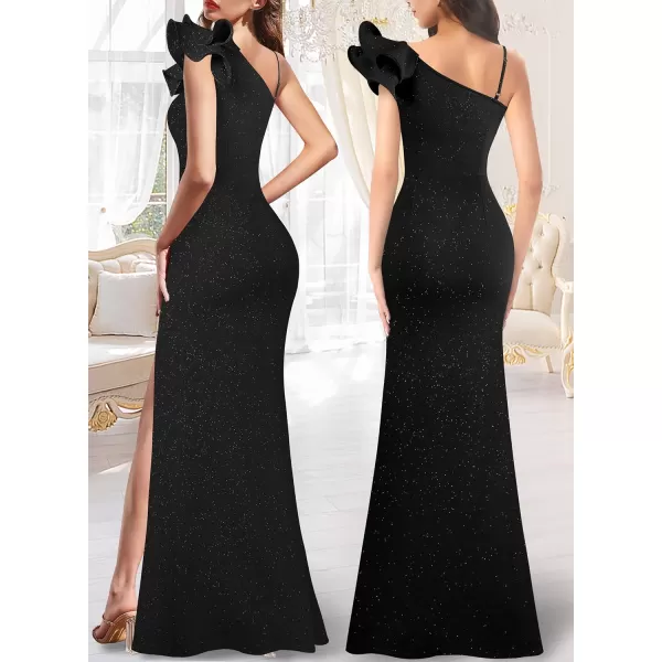 VFSHOW Womens Ruffle One Shoulder Strap Ruched Formal Prom Wedding Maxi Dress V Neck Elegant Split Cocktail Evening Long GownSparkly Black