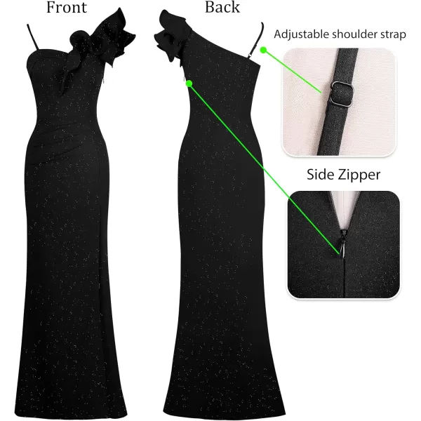 VFSHOW Womens Ruffle One Shoulder Strap Ruched Formal Prom Wedding Maxi Dress V Neck Elegant Split Cocktail Evening Long GownSparkly Black