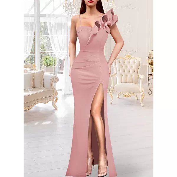 VFSHOW Womens Ruffle One Shoulder Strap Ruched Formal Prom Wedding Maxi Dress V Neck Elegant Split Cocktail Evening Long GownSparkly Blush Pink