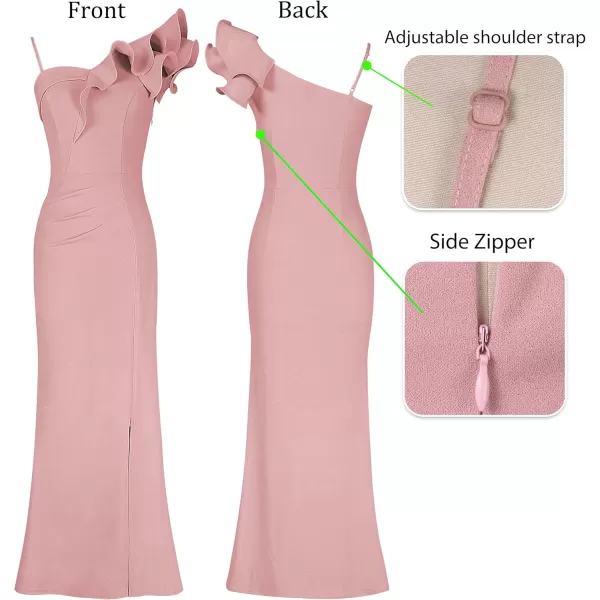 VFSHOW Womens Ruffle One Shoulder Strap Ruched Formal Prom Wedding Maxi Dress V Neck Elegant Split Cocktail Evening Long GownSparkly Blush Pink