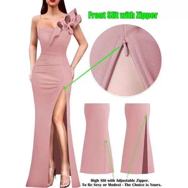 VFSHOW Womens Ruffle One Shoulder Strap Ruched Formal Prom Wedding Maxi Dress V Neck Elegant Split Cocktail Evening Long GownSparkly Blush Pink