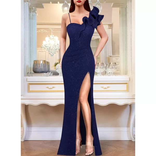 VFSHOW Womens Ruffle One Shoulder Strap Ruched Formal Prom Wedding Maxi Dress V Neck Elegant Split Cocktail Evening Long GownSparkly Dark Blue