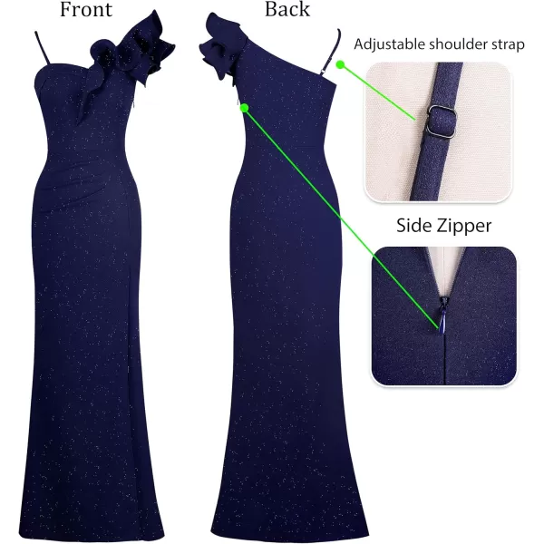 VFSHOW Womens Ruffle One Shoulder Strap Ruched Formal Prom Wedding Maxi Dress V Neck Elegant Split Cocktail Evening Long GownSparkly Dark Blue