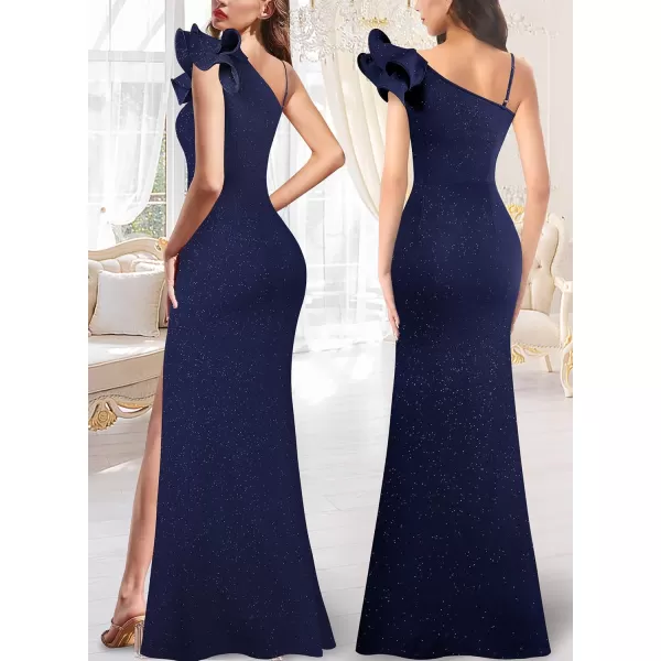 VFSHOW Womens Ruffle One Shoulder Strap Ruched Formal Prom Wedding Maxi Dress V Neck Elegant Split Cocktail Evening Long GownSparkly Dark Blue