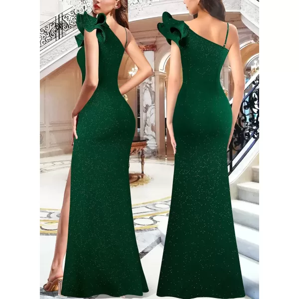 VFSHOW Womens Ruffle One Shoulder Strap Ruched Formal Prom Wedding Maxi Dress V Neck Elegant Split Cocktail Evening Long GownSparkly Dark Green