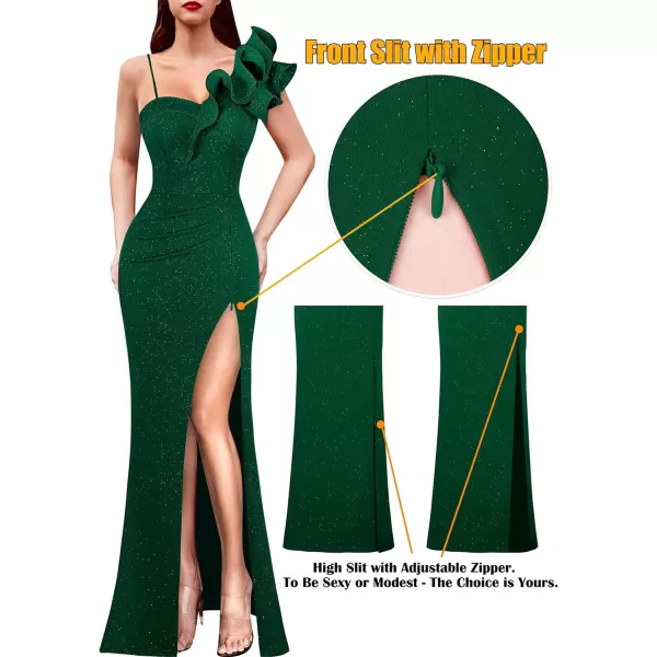 VFSHOW Womens Ruffle One Shoulder Strap Ruched Formal Prom Wedding Maxi Dress V Neck Elegant Split Cocktail Evening Long GownSparkly Dark Green