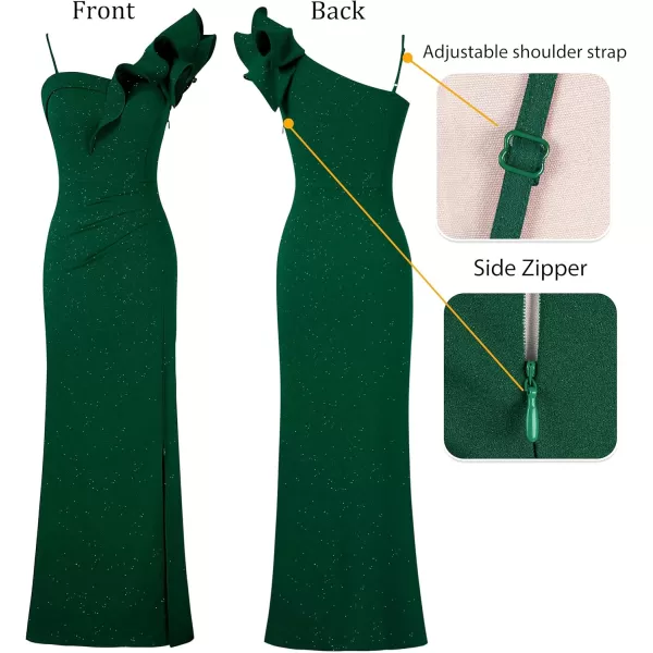 VFSHOW Womens Ruffle One Shoulder Strap Ruched Formal Prom Wedding Maxi Dress V Neck Elegant Split Cocktail Evening Long GownSparkly Dark Green