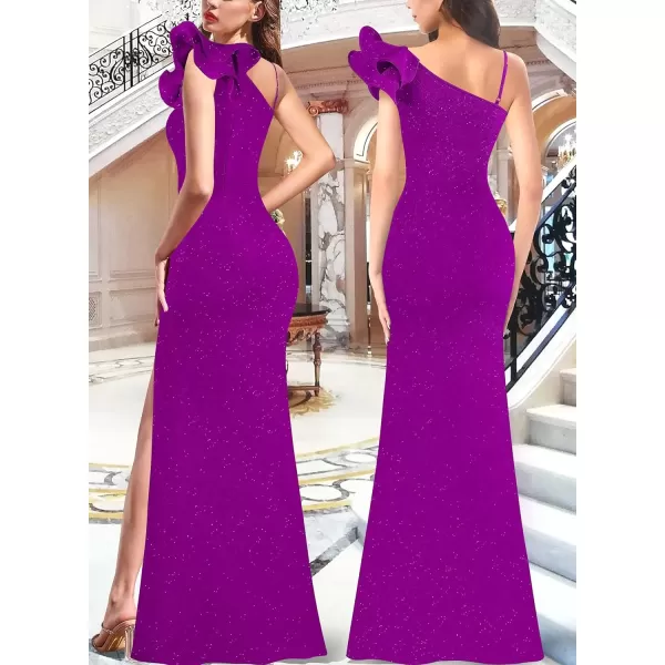 VFSHOW Womens Ruffle One Shoulder Strap Ruched Formal Prom Wedding Maxi Dress V Neck Elegant Split Cocktail Evening Long GownSparkly Dark Magenta