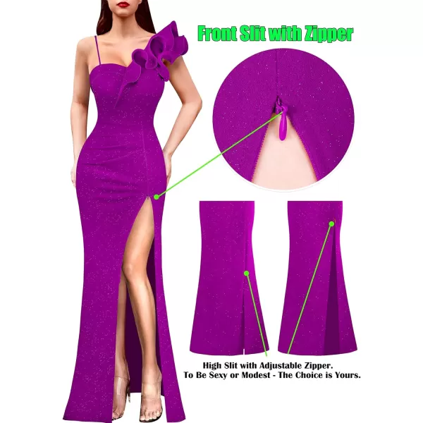 VFSHOW Womens Ruffle One Shoulder Strap Ruched Formal Prom Wedding Maxi Dress V Neck Elegant Split Cocktail Evening Long GownSparkly Dark Magenta