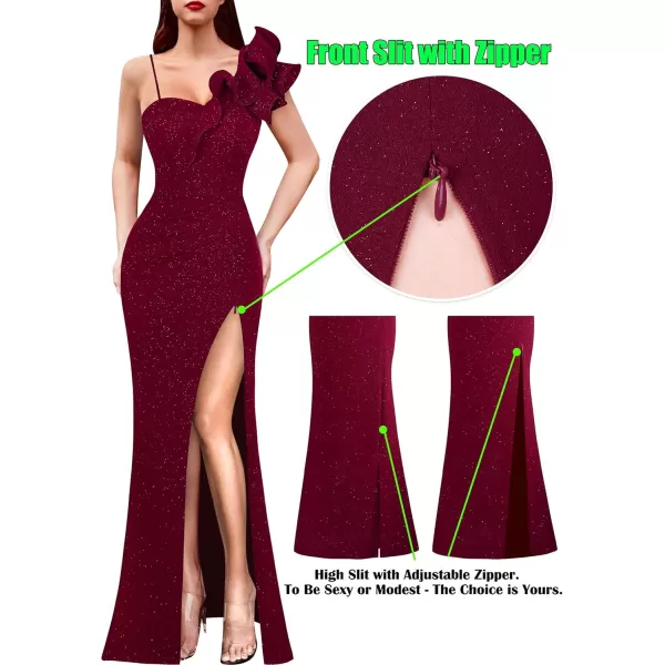 VFSHOW Womens Ruffle One Shoulder Strap Ruched Formal Prom Wedding Maxi Dress V Neck Elegant Split Cocktail Evening Long GownSparkly Dark Red