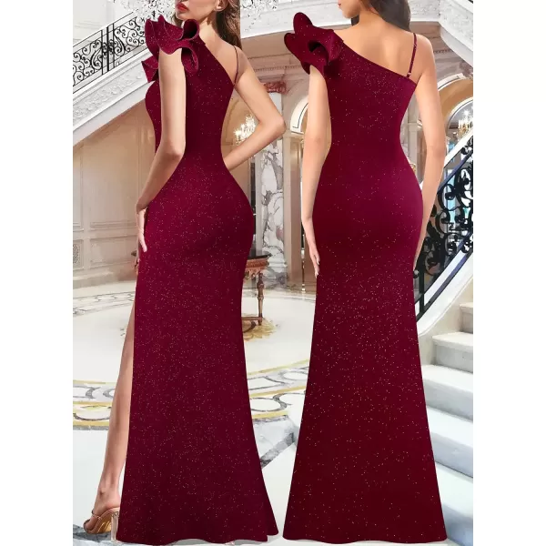 VFSHOW Womens Ruffle One Shoulder Strap Ruched Formal Prom Wedding Maxi Dress V Neck Elegant Split Cocktail Evening Long GownSparkly Dark Red