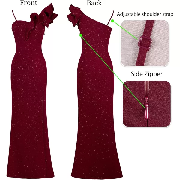 VFSHOW Womens Ruffle One Shoulder Strap Ruched Formal Prom Wedding Maxi Dress V Neck Elegant Split Cocktail Evening Long GownSparkly Dark Red