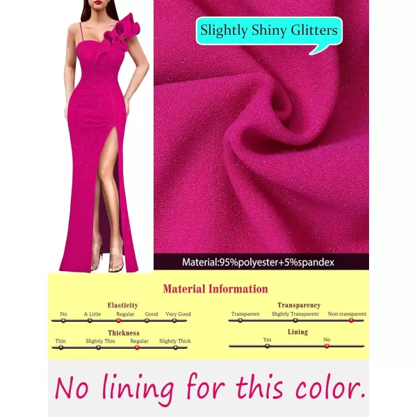 VFSHOW Womens Ruffle One Shoulder Strap Ruched Formal Prom Wedding Maxi Dress V Neck Elegant Split Cocktail Evening Long GownSparkly Hot Pink