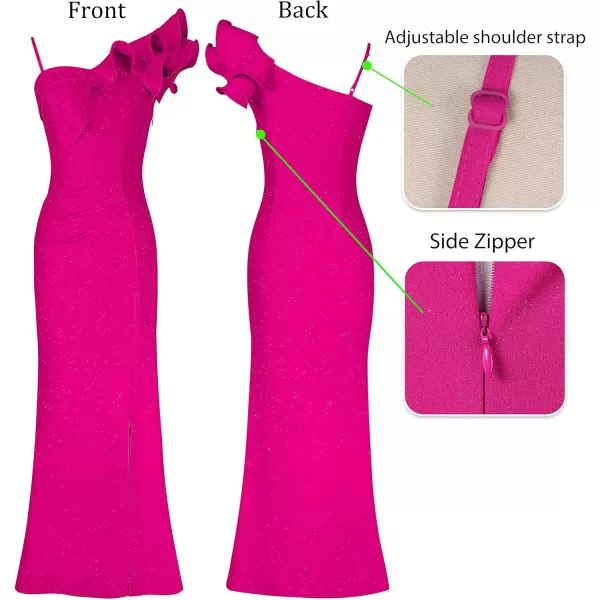 VFSHOW Womens Ruffle One Shoulder Strap Ruched Formal Prom Wedding Maxi Dress V Neck Elegant Split Cocktail Evening Long GownSparkly Hot Pink