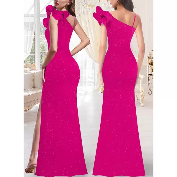 VFSHOW Womens Ruffle One Shoulder Strap Ruched Formal Prom Wedding Maxi Dress V Neck Elegant Split Cocktail Evening Long GownSparkly Hot Pink