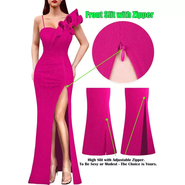 VFSHOW Womens Ruffle One Shoulder Strap Ruched Formal Prom Wedding Maxi Dress V Neck Elegant Split Cocktail Evening Long GownSparkly Hot Pink