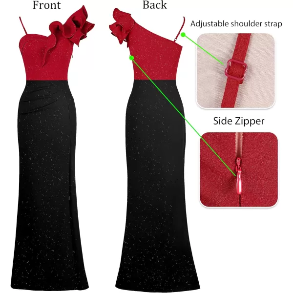 VFSHOW Womens Ruffle One Shoulder Strap Ruched Formal Prom Wedding Maxi Dress V Neck Elegant Split Cocktail Evening Long GownSparkly Red  Black