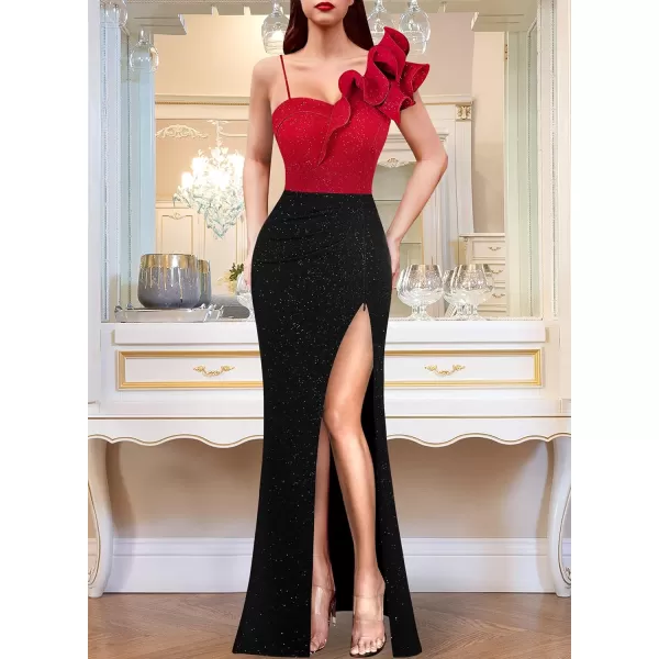 VFSHOW Womens Ruffle One Shoulder Strap Ruched Formal Prom Wedding Maxi Dress V Neck Elegant Split Cocktail Evening Long GownSparkly Red  Black