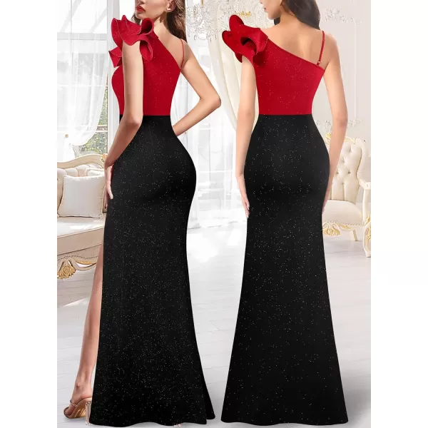 VFSHOW Womens Ruffle One Shoulder Strap Ruched Formal Prom Wedding Maxi Dress V Neck Elegant Split Cocktail Evening Long GownSparkly Red  Black