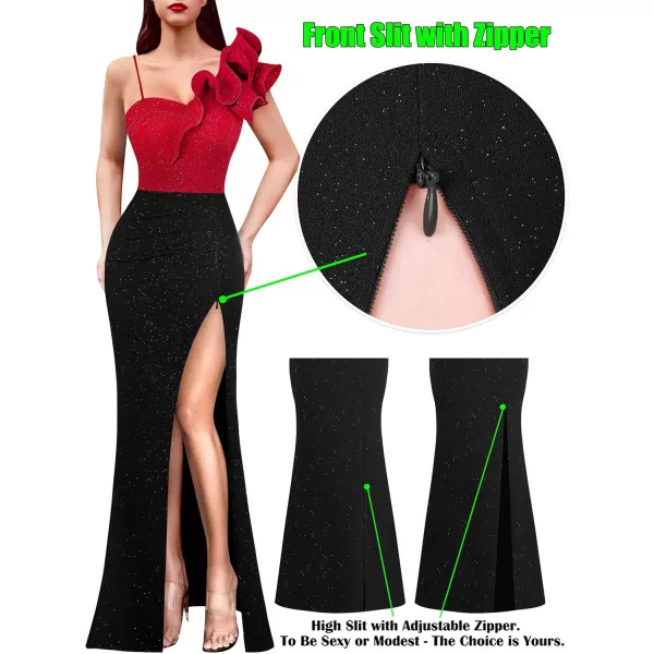 VFSHOW Womens Ruffle One Shoulder Strap Ruched Formal Prom Wedding Maxi Dress V Neck Elegant Split Cocktail Evening Long GownSparkly Red  Black