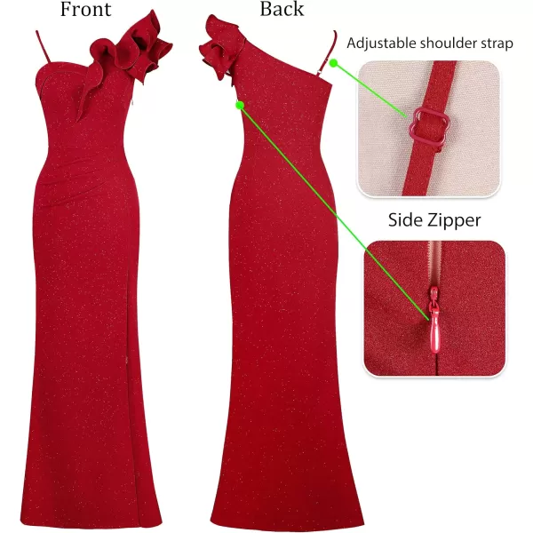 VFSHOW Womens Ruffle One Shoulder Strap Ruched Formal Prom Wedding Maxi Dress V Neck Elegant Split Cocktail Evening Long GownSparkly Red