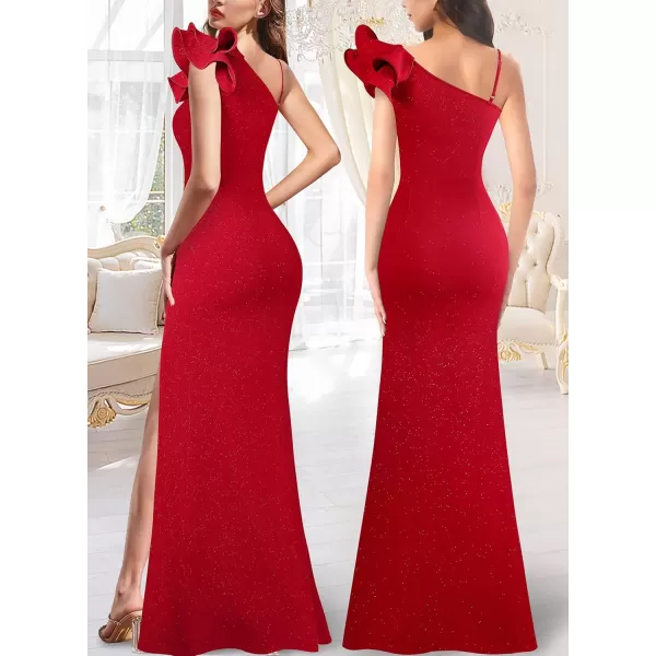 VFSHOW Womens Ruffle One Shoulder Strap Ruched Formal Prom Wedding Maxi Dress V Neck Elegant Split Cocktail Evening Long GownSparkly Red