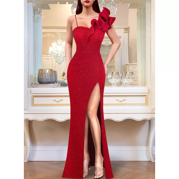 VFSHOW Womens Ruffle One Shoulder Strap Ruched Formal Prom Wedding Maxi Dress V Neck Elegant Split Cocktail Evening Long GownSparkly Red