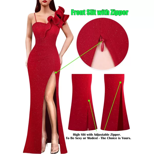 VFSHOW Womens Ruffle One Shoulder Strap Ruched Formal Prom Wedding Maxi Dress V Neck Elegant Split Cocktail Evening Long GownSparkly Red