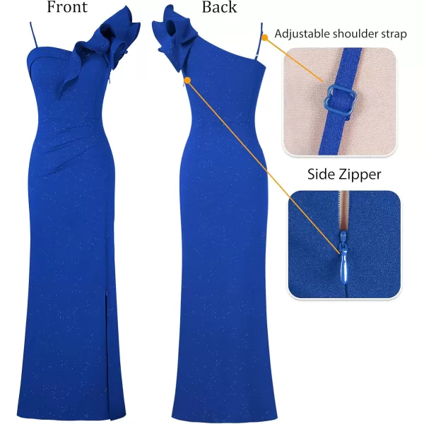 VFSHOW Womens Ruffle One Shoulder Strap Ruched Formal Prom Wedding Maxi Dress V Neck Elegant Split Cocktail Evening Long GownSparkly Royal Blue