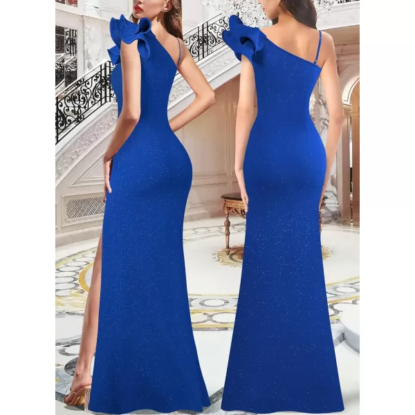 VFSHOW Womens Ruffle One Shoulder Strap Ruched Formal Prom Wedding Maxi Dress V Neck Elegant Split Cocktail Evening Long GownSparkly Royal Blue