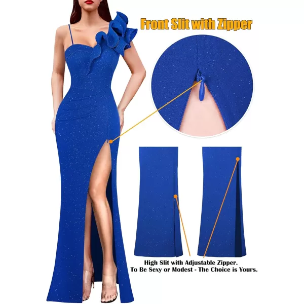 VFSHOW Womens Ruffle One Shoulder Strap Ruched Formal Prom Wedding Maxi Dress V Neck Elegant Split Cocktail Evening Long GownSparkly Royal Blue