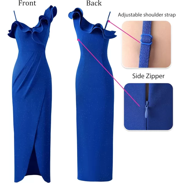 VFSHOW Womens Ruffle One Shoulder Strap Ruched Prom Formal Wedding Maxi Dress 2023 Sexy Faux Wrap Split Cocktail Evening GownSparkly Blue