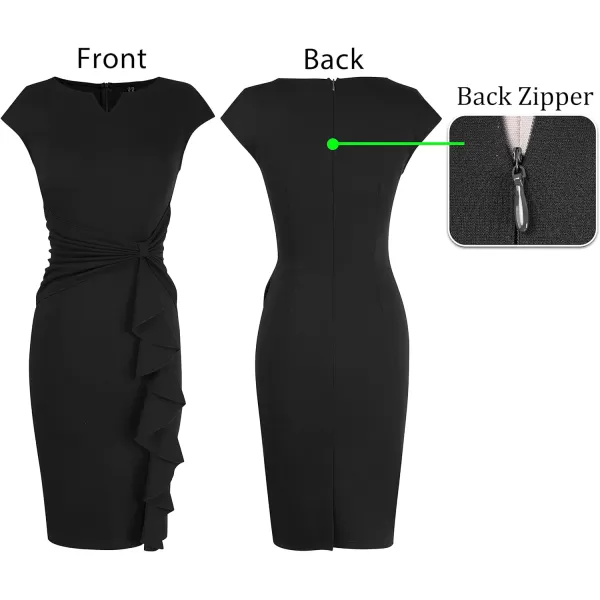 VFSHOW Womens Ruffle Slit Vintage Bow Peplum Notch Neck Work Business Office Party Bodycon Pencil Sheath DressBlack