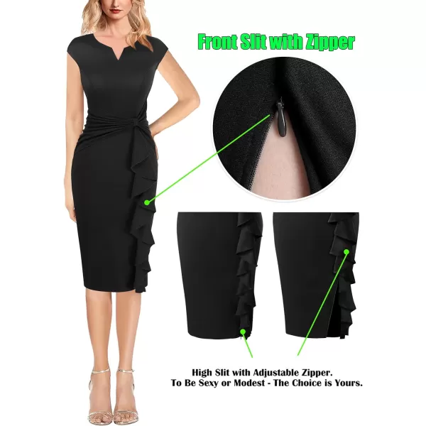 VFSHOW Womens Ruffle Slit Vintage Bow Peplum Notch Neck Work Business Office Party Bodycon Pencil Sheath DressBlack