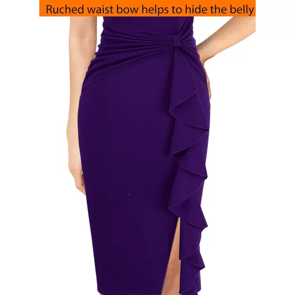 VFSHOW Womens Ruffle Slit Vintage Bow Peplum Notch Neck Work Business Office Party Bodycon Pencil Sheath DressDark Purple