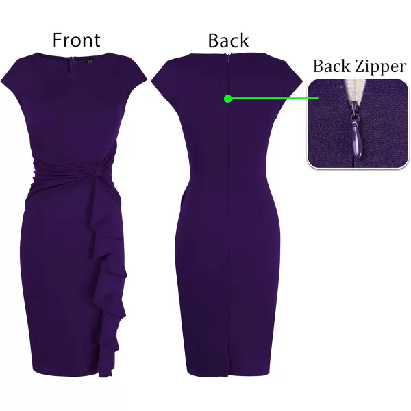 VFSHOW Womens Ruffle Slit Vintage Bow Peplum Notch Neck Work Business Office Party Bodycon Pencil Sheath DressDark Purple