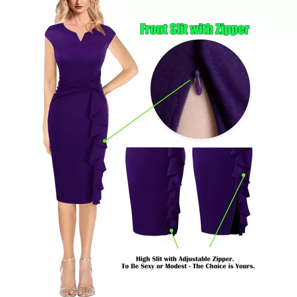 VFSHOW Womens Ruffle Slit Vintage Bow Peplum Notch Neck Work Business Office Party Bodycon Pencil Sheath DressDark Purple