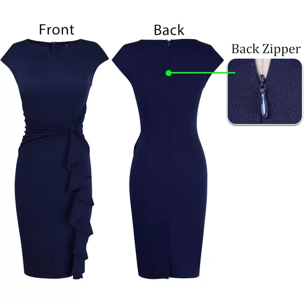 VFSHOW Womens Ruffle Slit Vintage Bow Peplum Notch Neck Work Business Office Party Bodycon Pencil Sheath DressNavy Blue