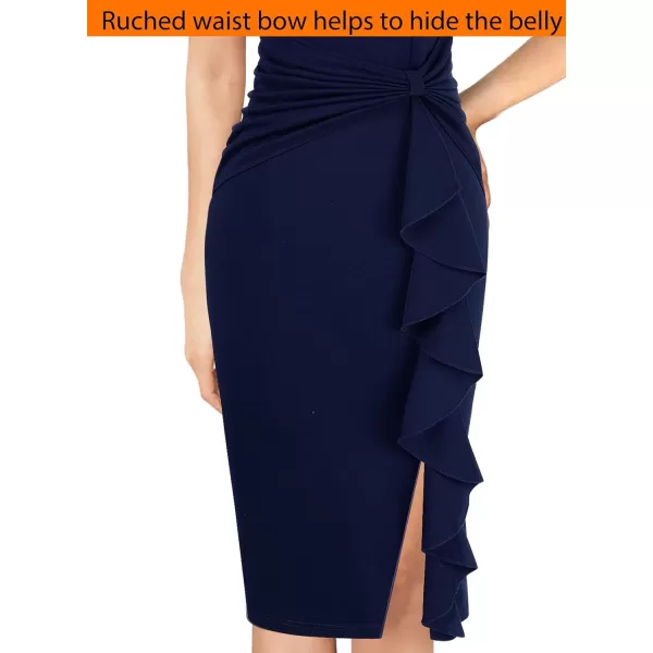 VFSHOW Womens Ruffle Slit Vintage Bow Peplum Notch Neck Work Business Office Party Bodycon Pencil Sheath DressNavy Blue