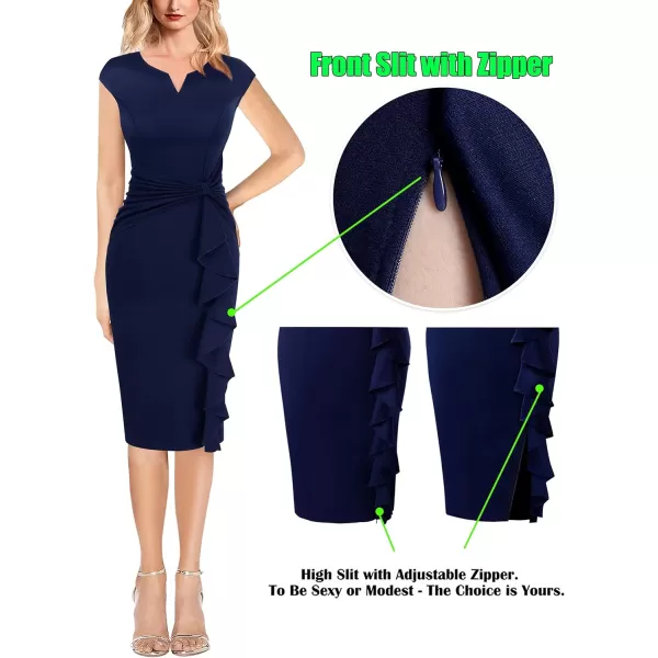 VFSHOW Womens Ruffle Slit Vintage Bow Peplum Notch Neck Work Business Office Party Bodycon Pencil Sheath DressNavy Blue