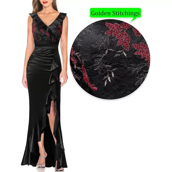 VFSHOW Womens Ruffle V Neck Floral Embroidery Ruched Split Formal Evening Maxi DressBlack