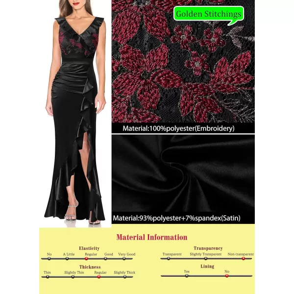 VFSHOW Womens Ruffle V Neck Floral Embroidery Ruched Split Formal Evening Maxi DressBlack